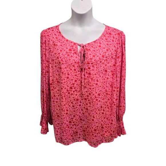 Jessica Simpson Womens Plus 2X Pink Ditsy Floral Print Top Balloon Sleeve Casual - Picture 2 of 7